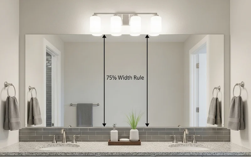 Bathroom mirror with measurement overlay showing 75% width rule for vanity light fixture.