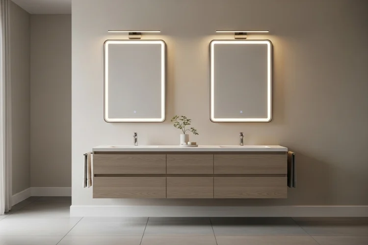 Modern bathroom vanity with perfectly proportioned vanity bar light above mirror (light about 75% mirror width), clean neutral bathroom, balanced symmetrical lighting, realistic interior photography, soft natural tone