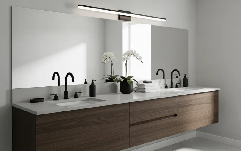 Bathroom vanity with matching matte black faucet and vanity light, cohesive modern design, styled interior shot.