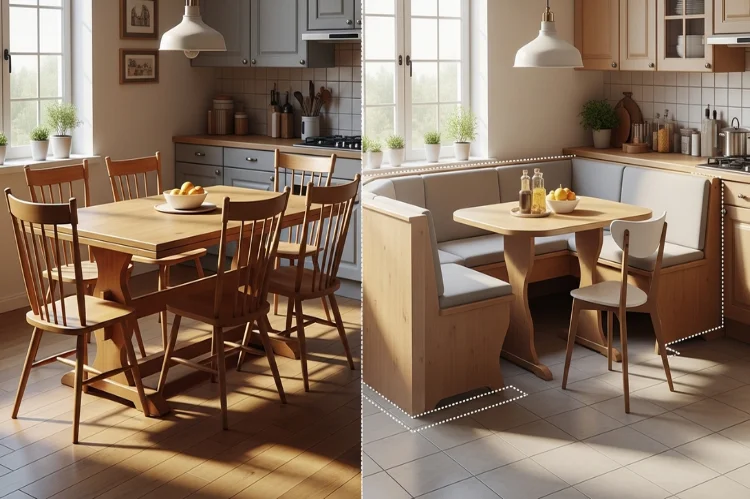A small kitchen layout comparison showing traditional chairs taking up more space versus a compact banquette seating arrangement.