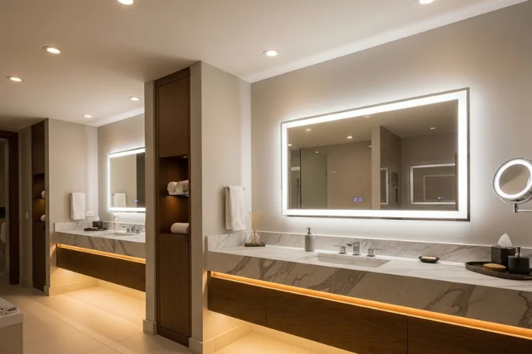 Bathroom ceiling with recessed lights,Bright focused vanity lighting illuminating face clearly for grooming,Floating vanity with under-cabinet LED strip glow