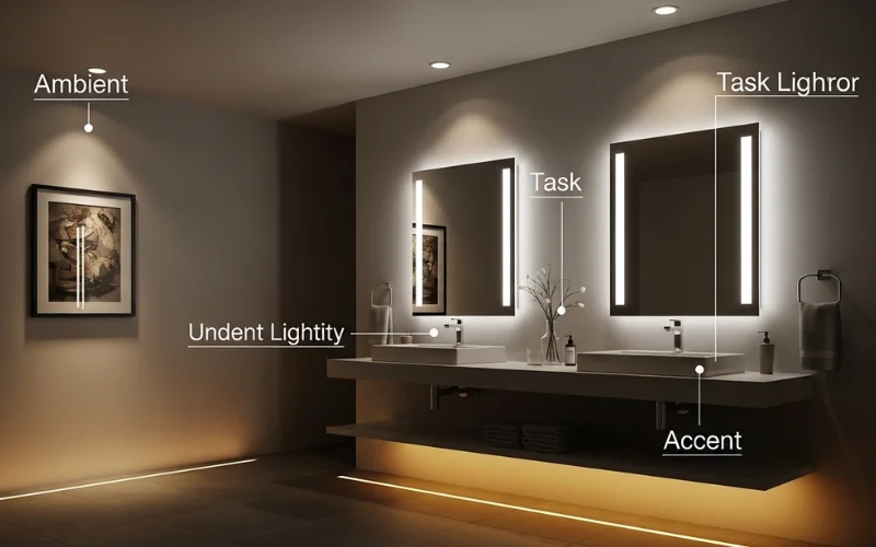 Layered bathroom lighting design with labeled ambient, task, accent lighting.
