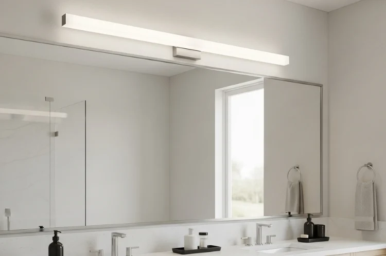 Frosted glass vanity light bar above rectangular mirror, even facial lighting