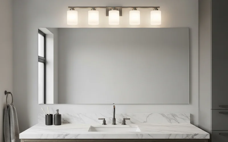 Modern bathroom vanity with frosted glass multi-light vanity bar mounted above mirror.