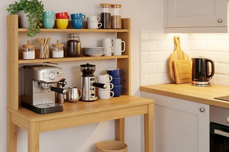 A narrow console table coffee station in a small kitchen, slim furniture, vertical storage, compact and efficient design.