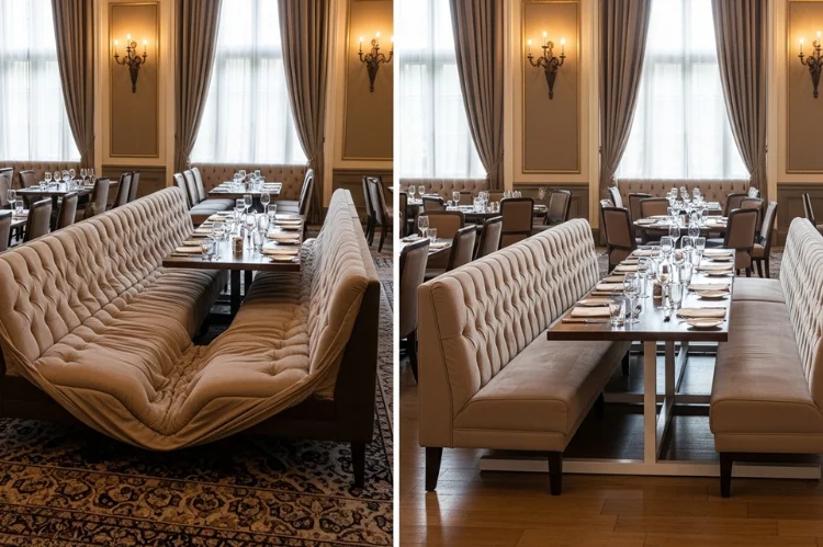 A long banquette seating bench sagging slightly in the middle due to lack of support, contrasted with a properly supported banquette featuring center legs.