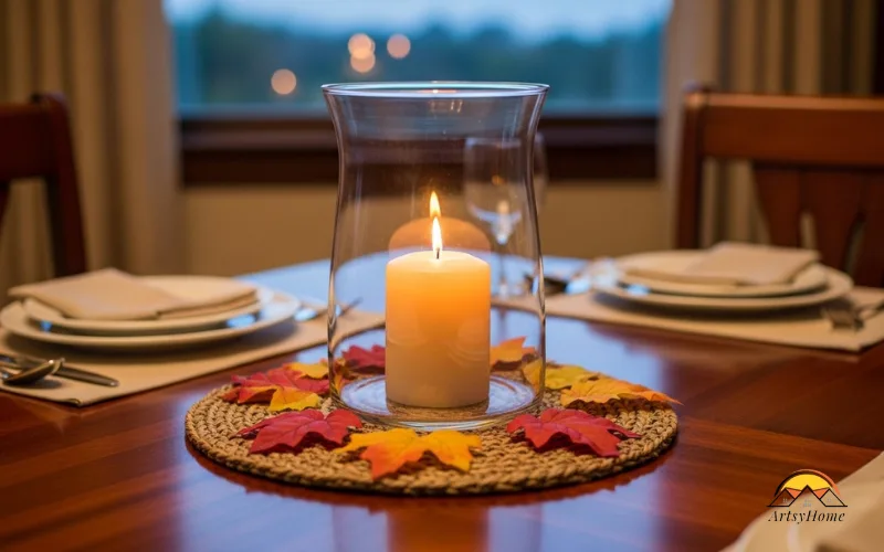 Single candle in glass hurricane centerpiece on dining table.