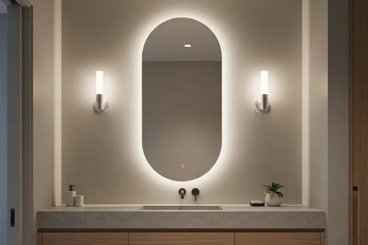 Oval bathroom mirror with minimal wall sconces on both sides, soft symmetrical lighting