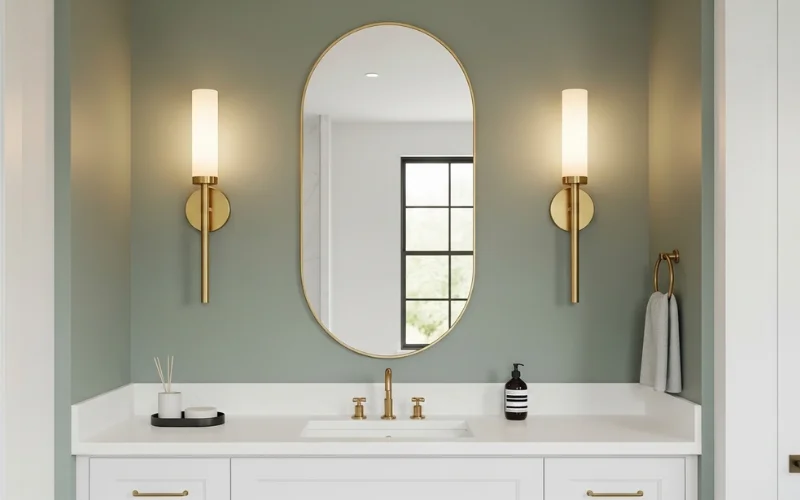 Oval bathroom mirror with minimal brass sconces on both sides.