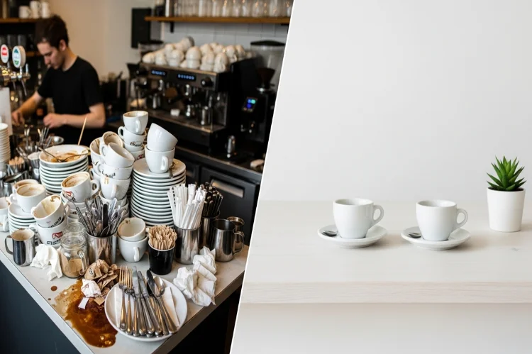 An overcrowded coffee bar compared to a minimal edited setup, visual contrast.