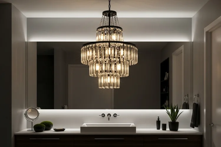 Large chandelier hanging directly above bathroom vanity mirror, visually cluttered look, poor task lighting on face, modern bathroom interior