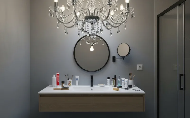 Large chandelier hanging over small bathroom vanity mirror, cluttered look, poor task lighting, modern bathroom.