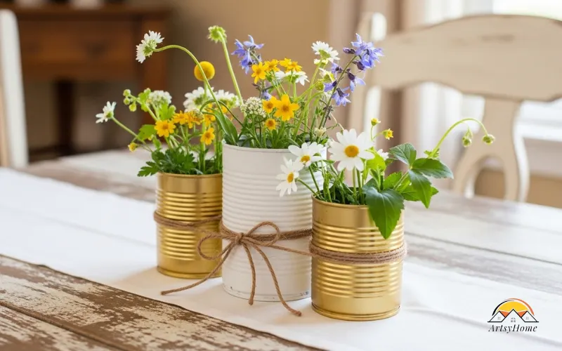 Painted tin can centerpiece with flowers, gold and white cans tied with twine, rustic farmhouse dining table.