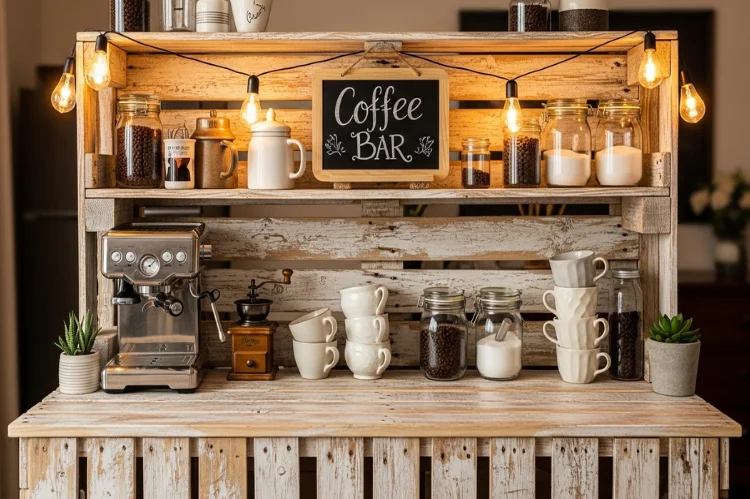 A DIY coffee bar made from reclaimed pallet wood, rustic handmade shelves, creative budget-friendly coffee station.