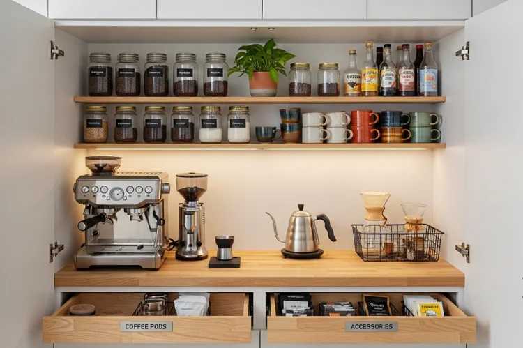 A hidden pantry coffee station with shelves and countertop, coffee supplies neatly stored.