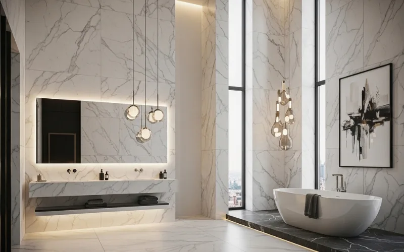 High ceiling bathroom with hanging pendant lights above vanity mirror, dramatic modern interior, elegant marble finishes.