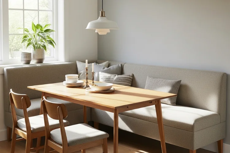 banquette bench with stain-resistant performance fabric upholstery, family-friendly dining area, neutral tones.
