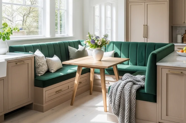 Banquette seating in rich velvet upholstery, resistant to stains, bright modern kitchen, neutral accents, cozy luxurious textures.