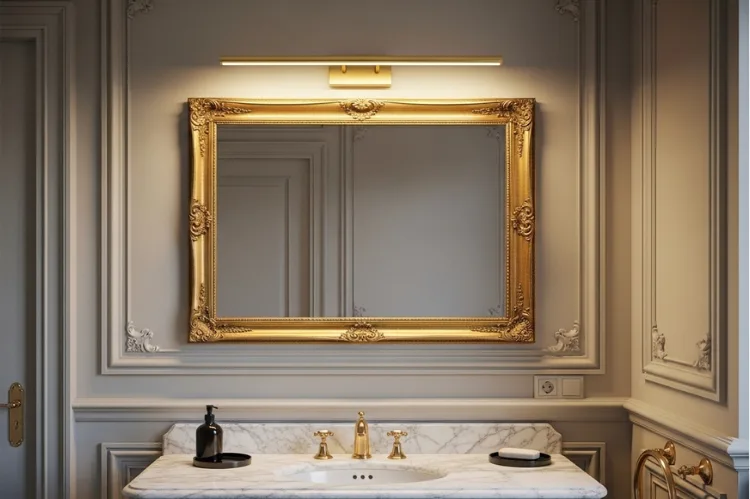 Slim brass picture light mounted above framed bathroom mirror, classic traditional bathroom style