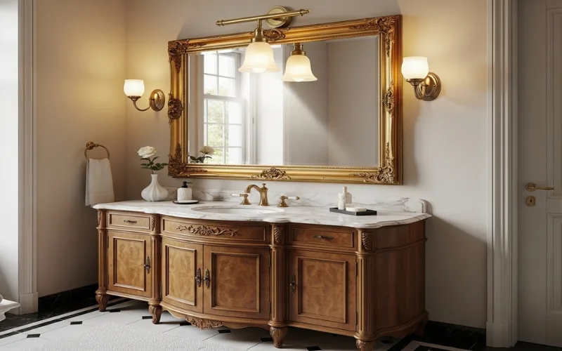 Classic bathroom with picture light mounted above mirror frame, traditional style vanity.