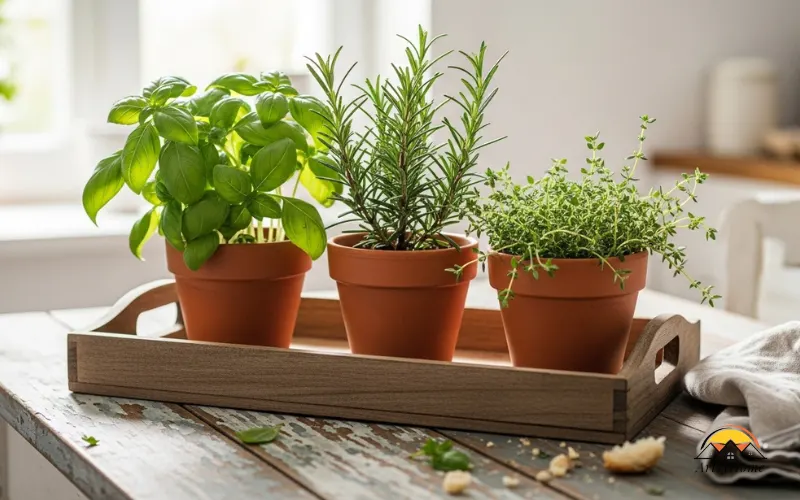 Kitchen table centerpiece with potted herbs on wooden tray, natural light.
