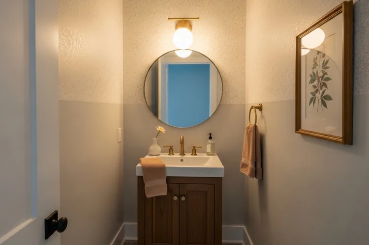 Small powder room with single elegant statement vanity light above round mirror