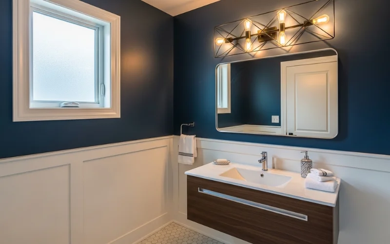 Small powder room with statement vanity light above mirror.