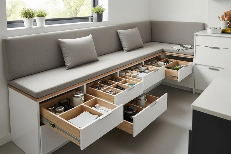 Banquette bench with multiple pull-out drawers, drawers open revealing organized storage, upholstered cushions on top.