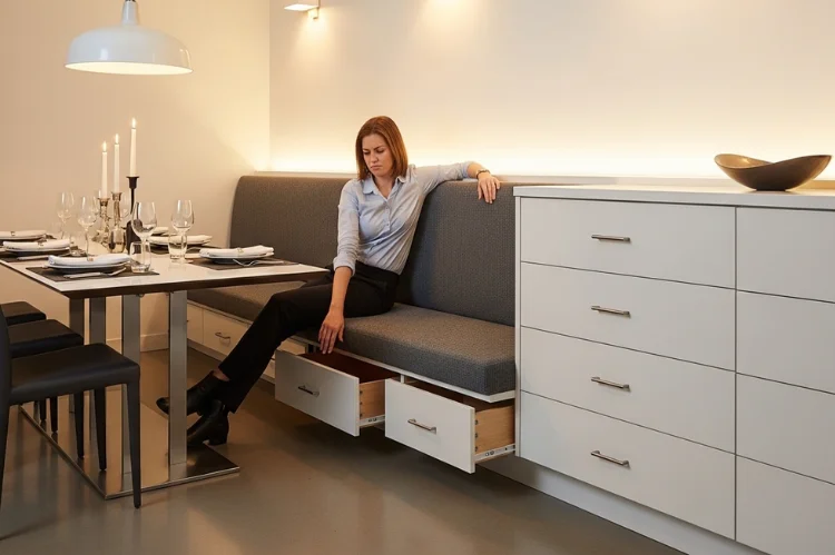 A banquette seating bench where push-to-open drawers are accidentally opening as someone sits down, causing annoyance.