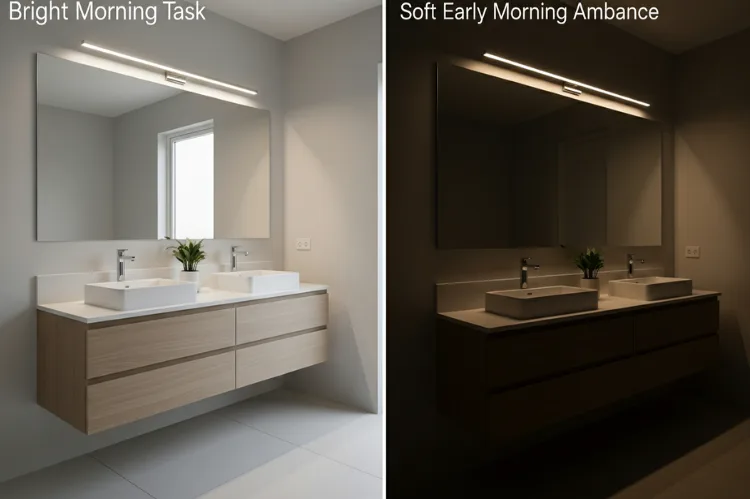 Bathroom vanity with dimmable LED vanity bar, split image showing bright morning task lighting vs softly dimmed 