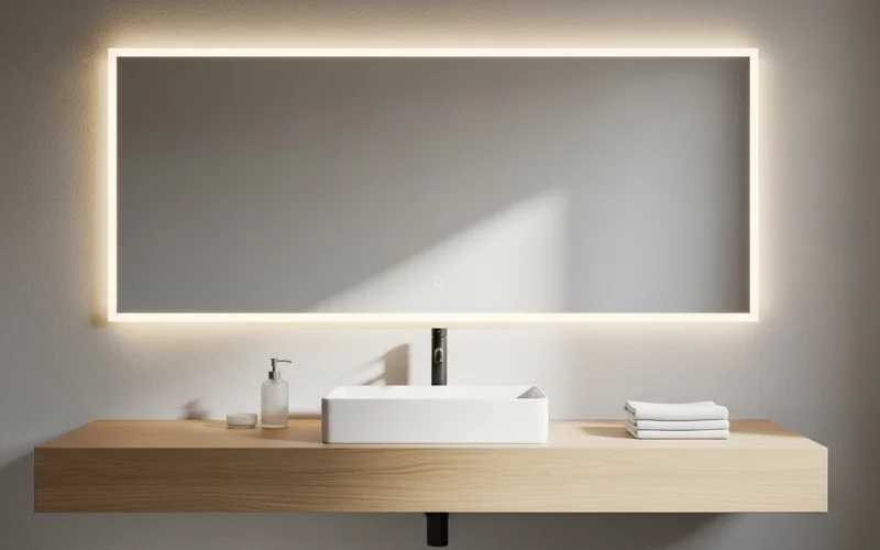 Minimalist bathroom vanity with dimmable LED light in morning setting.