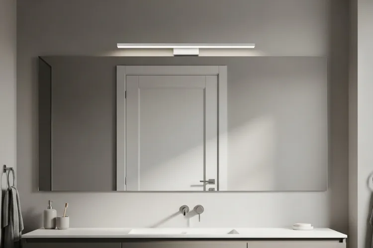 Rectangular bathroom mirror with horizontal vanity bar light centered above (75% width proportion), evenly distributed facial lighting, modern neutral bathroom