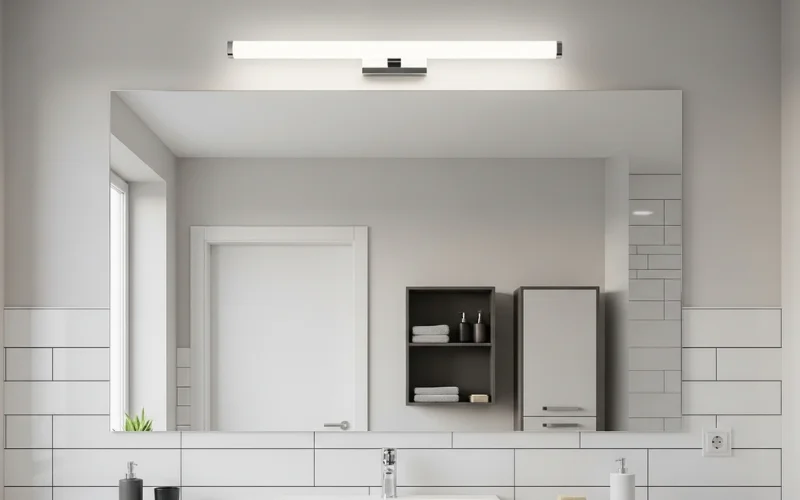 Rectangular mirror with horizontal vanity bar light, minimalist bathroom.