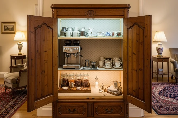 A vintage armoire opened to reveal a hidden coffee bar, shelves with coffee machine and mugs, doors partially open, elegant living space.