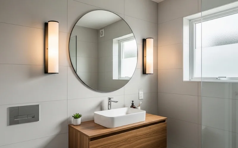 Round bathroom mirror with side sconces, modern small bathroom design.