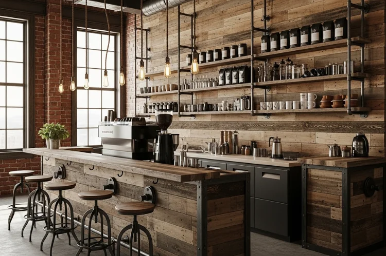 An industrial-style coffee bar with metal pipe shelves, reclaimed wood, exposed hardware, Edison bulb lighting, urban loft interior.