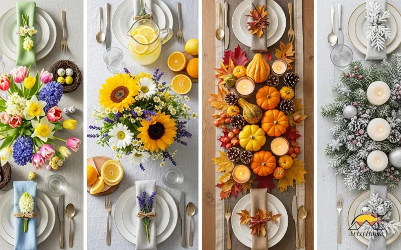 Seasonal dining table centerpiece changing through year.