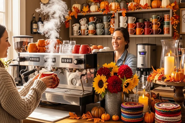 A seasonally styled coffee bar with festive mugs, flowers, themed decor, cozy lifestyle.