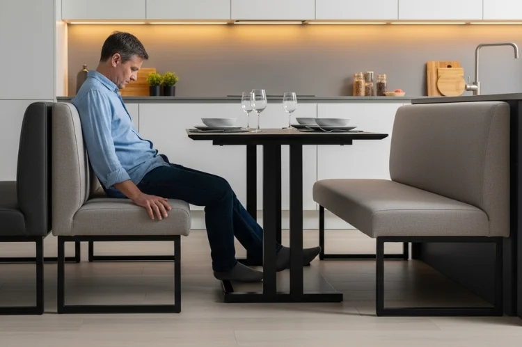A dining banquette with visibly shallow seating depth, an adult sitting uncomfortably and sliding forward, feet awkwardly positioned.