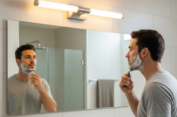 Man shaving in bathroom mirror under evenly distributed 3500K–4000K vanity bar light above mirror, frosted glass fixture reducing glare