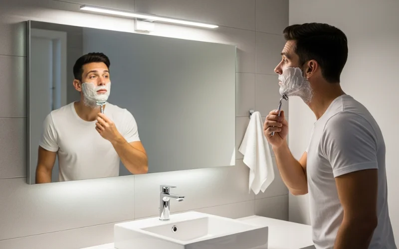Man shaving in bathroom with bright balanced vanity bar lighting.