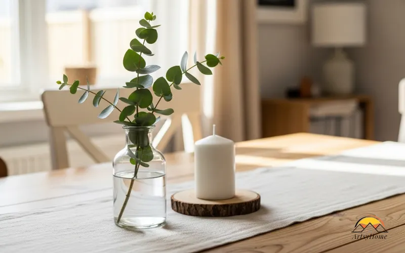 Simple dining table centerpiece with vase and candle, everyday home decor.