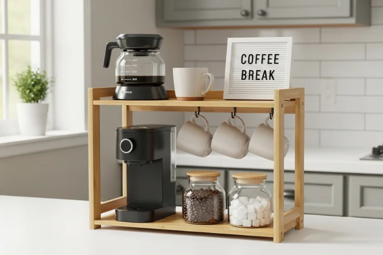 A compact countertop coffee station organizer, tiered shelves, drip coffee machine, mugs and jars, small apartment kitchen.