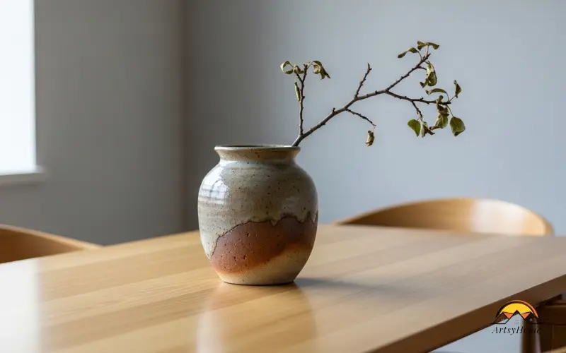 Wabi sabi ceramic vase with single branch on minimalist dining table.