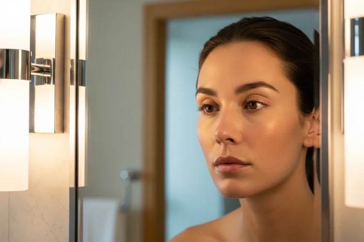 Close-up of person examining skin in mirror under high CRI neutral lighting with side sconces, visible natural skin texture, balanced illumination