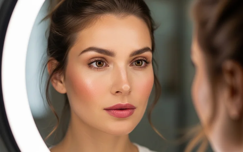 Close-up mirror lighting highlighting natural skin texture.