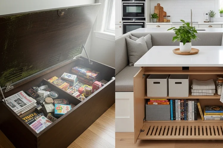 Open banquette storage compartment without ventilation showing musty, cluttered interior, contrasted with a well-designed.