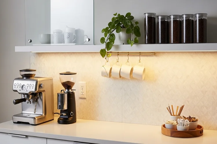 Coffee bar with peel-and-stick backsplash or glass panel protecting the wall, clean and functional kitchen coffee setup.