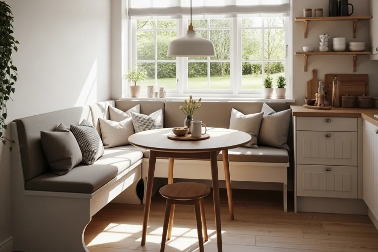 Compact L-shaped corner banquette in a small kitchen, neutral cushions, small round table, bright natural light.