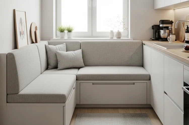 Compact banquette seating for a small kitchen, minimalist design, neutral upholstery, clever storage under bench.